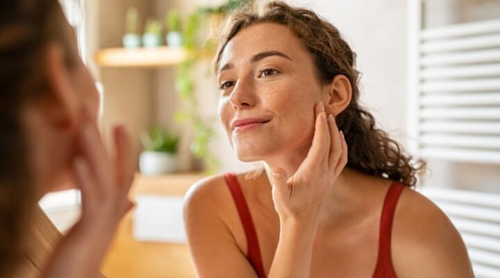 Woman looking at skin in mirror